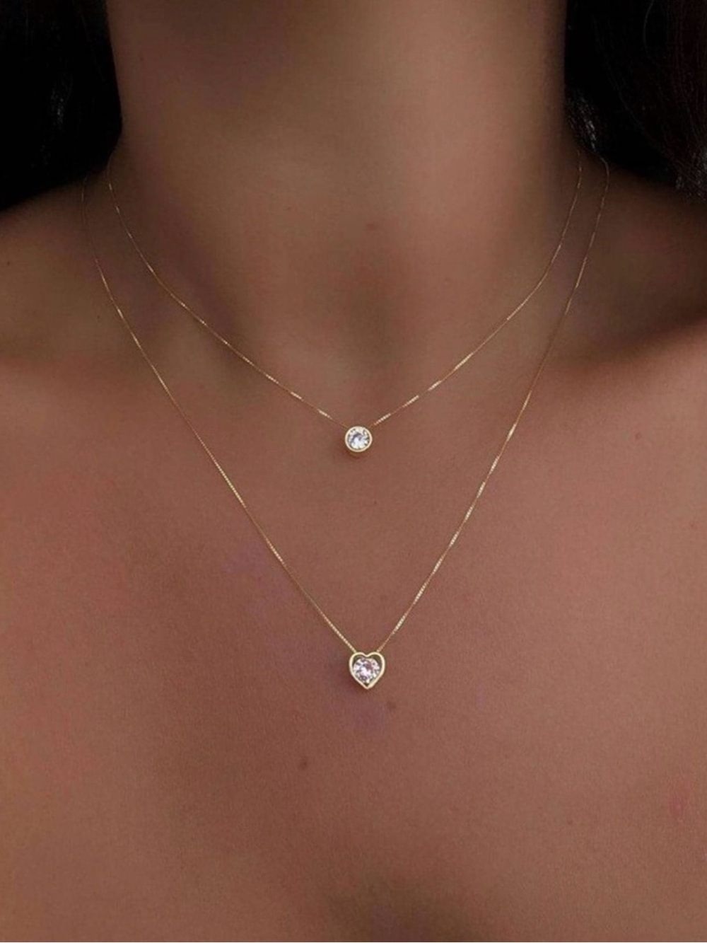 Delicate Gold Layered Heart & Solitaire Necklace - Clear Crystal